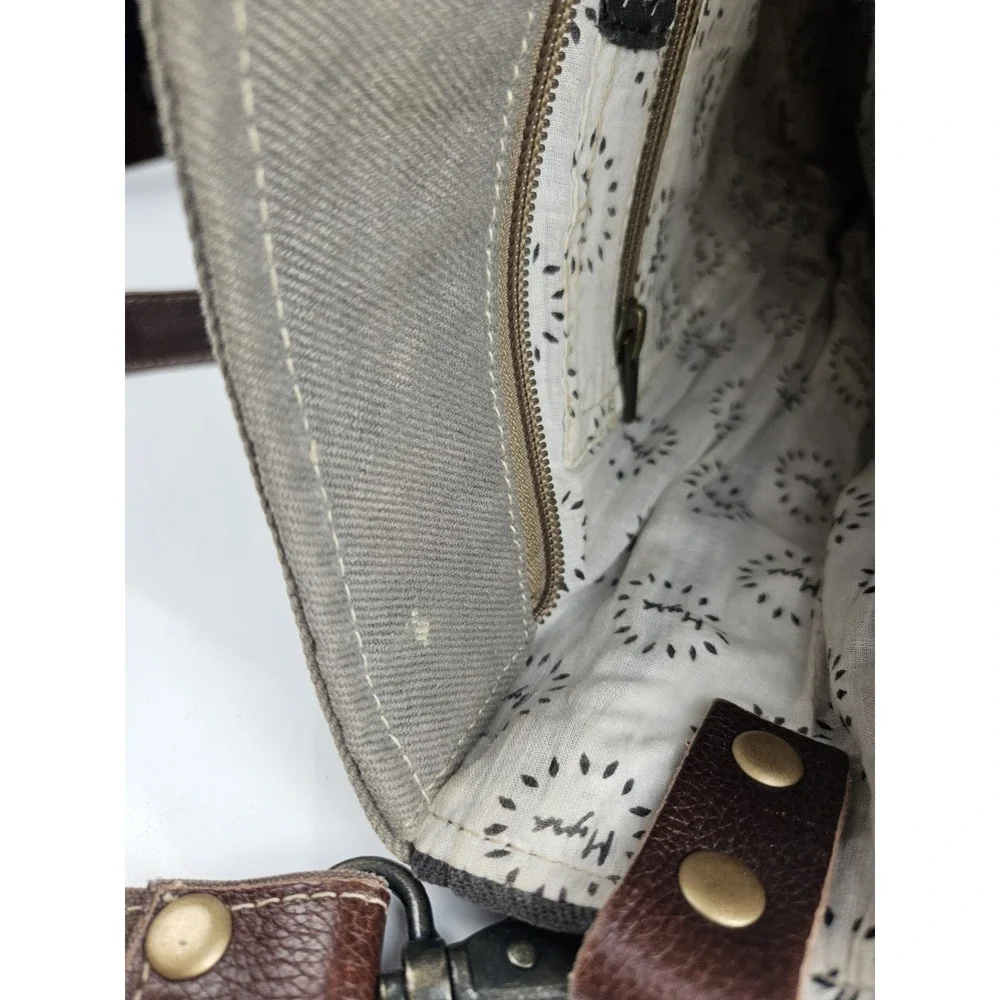 Myra Crossody Bag Southwest Print Woven‎ Leather Cowhide Accent Grey Brown White